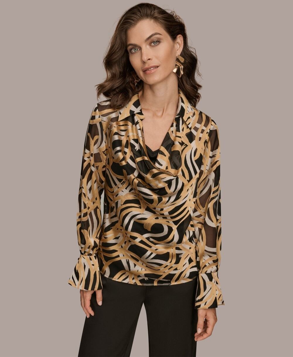 Donna Karan New York Women's Long Sleeve Burnout Cowl Neck Top Size M 3845